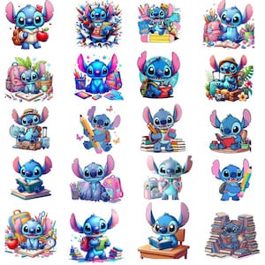 May include: A collection of colorful cartoon stickers featuring the character Stitch from Lilo & Stitch. The stickers depict Stitch in various poses, holding books, pencils, and apples, with backpacks and school supplies. The stickers are in a vibrant, cartoon style.