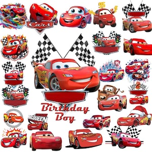 May include: A collection of red cartoon race cars, including Lightning McQueen, with various designs and poses. Some images include checkered flags, the number 95, and the text "Birthday Boy".