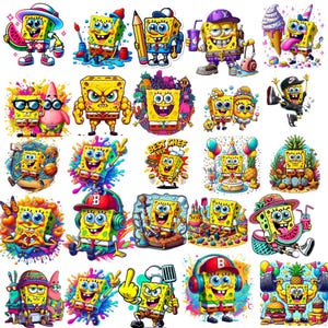 Può includere: Una collezione di adesivi colorati di cartoni animati con il personaggio di SpongeBob SquarePants in varie pose e abiti. Gli adesivi mostrano SpongeBob con accessori come cappelli, cibo e attrezzature sportive.