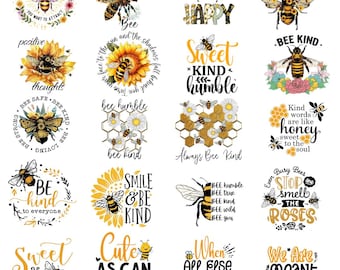 May include: A collection of bee-themed designs with various phrases and illustrations. The designs include bees, sunflowers, and honeycomb patterns, with text such as "Happy", "Bee Kind", and "Sweet as can bee".