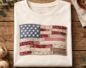 Vintage Cottagecore American Flag PNG, Faux Quilted Patchwork USA Flag, Patriotic Sublimation Design, 4th of July Digital Graphic