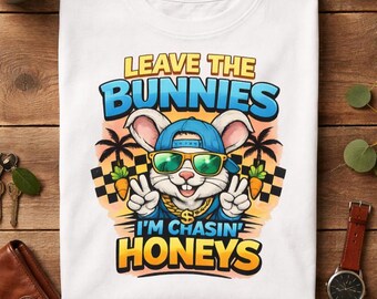 Boys Easter PNG, Funny Bunny ‘Chasing Hunnies’ Design, Toddler Easter Shirt PNG, Retro Checkered Bunny Graphic