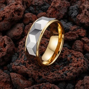 8mm Faceted Silver Tungsten Ring with Gold Edges Mens Wedding Band