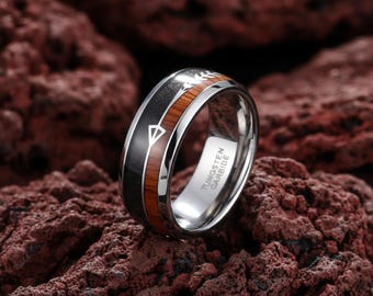 Tungsten Koa Wood Ring: Viking Arrow Wedding Band, 8mm Width