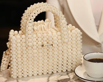 Bolso de mano con cuentas de perlas hecho a mano, bolso de mano color marfil, bolso de noche para novia, bolso de boda