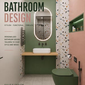 Green and Pink Terrazzo Bathroom Design | Modern 3D Bathroom Interior Renderings | Digital Download