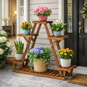 May include: A multi-tiered wooden plant stand displaying several potted plants with vibrant flowers. The stand is stained a warm brown and features an A-frame structure. The plants include pink hydrangeas, yellow daisies, and blue hydrangeas.