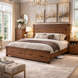 Marco de cama Queen estilo granja con cabecera geométrica de 54 pulgadas, plataforma de almacenamiento de madera rústica personalizada