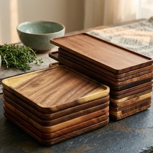 Natural Acacia Wood Serving Tray - Rectangular Food Plate for Snacks Fruit and Home Decor