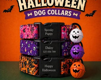 Coleira de Halloween para Cães com Nome Gravado | Tamanhos Ajustáveis | Coleira para Filhotes | Presente para Pet |