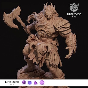 May include: A detailed sculpture of a warrior figure, holding a large axe. The figure is clad in ornate armor and has long, flowing hair. The sculpture is a light brown color and is set against a dark background.