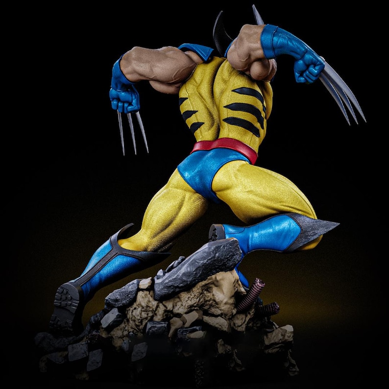 May include: A dynamic action figure of Wolverine in a running pose. The figure is clad in a yellow and blue costume with black stripes and red accents. The figure has silver claws extended and is posed on a rocky base.