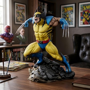 May include: A detailed figurine of Wolverine in a dynamic pose, featuring his signature yellow and blue costume. The statue has sharp claws extended, with a fierce expression. Comic book art and busts of other characters are in the background.