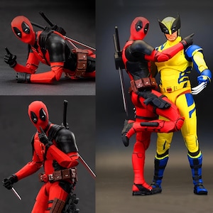 May include: Action figures of Deadpool in a red and black suit with dual katanas and Wolverine in a yellow and blue suit with metallic claws. The figures are shown in multiple poses, including one where Deadpool is leaning against Wolverine.