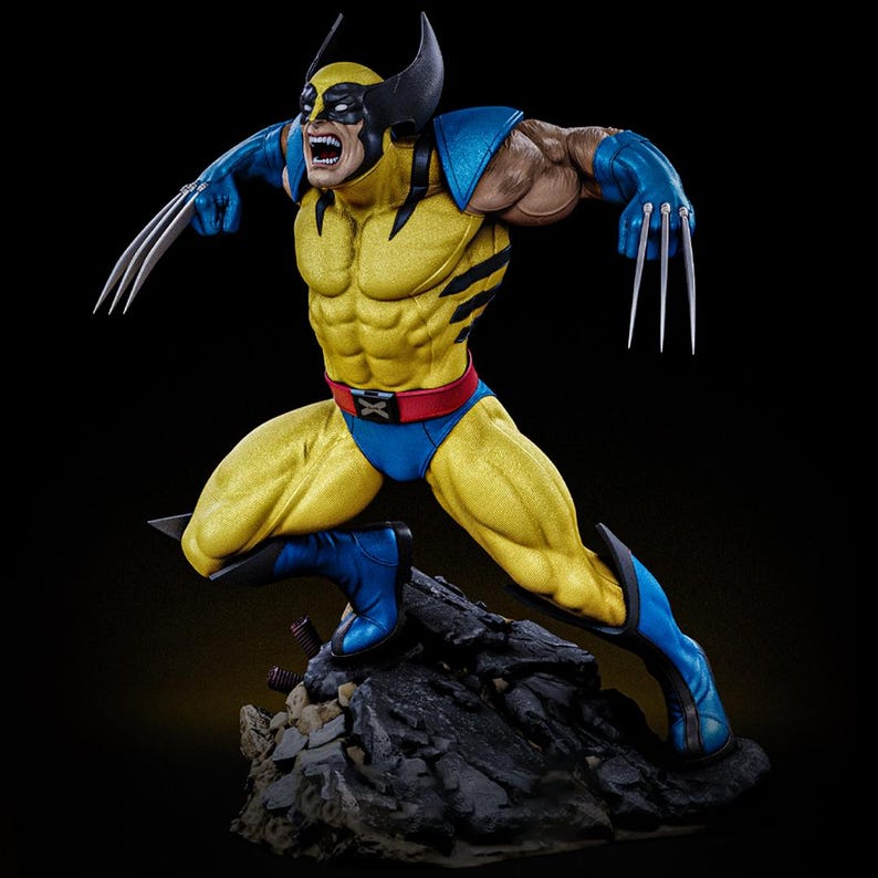 May include: A detailed figurine of Wolverine in a dynamic pose, featuring a yellow and blue costume with black accents. The figure has sharp claws extended and is set on a rocky base, with a black background.