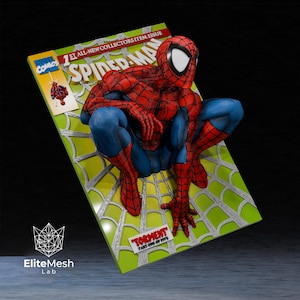 May include: A three-dimensional Spider-Man figure crouched on a comic book cover titled Spider-Man Torment Part One of Five. The figure features a red and blue suit with a black web pattern. The background is a bright green comic cover.