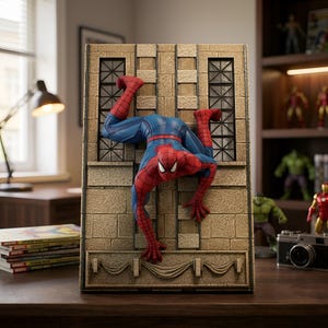 May include: A detailed figurine of the superhero Spider-Man in a red and blue suit, depicted crawling on a textured tan brick wall backdrop with two dark window frames. The figure is posed with limbs extended against the vertical surface.