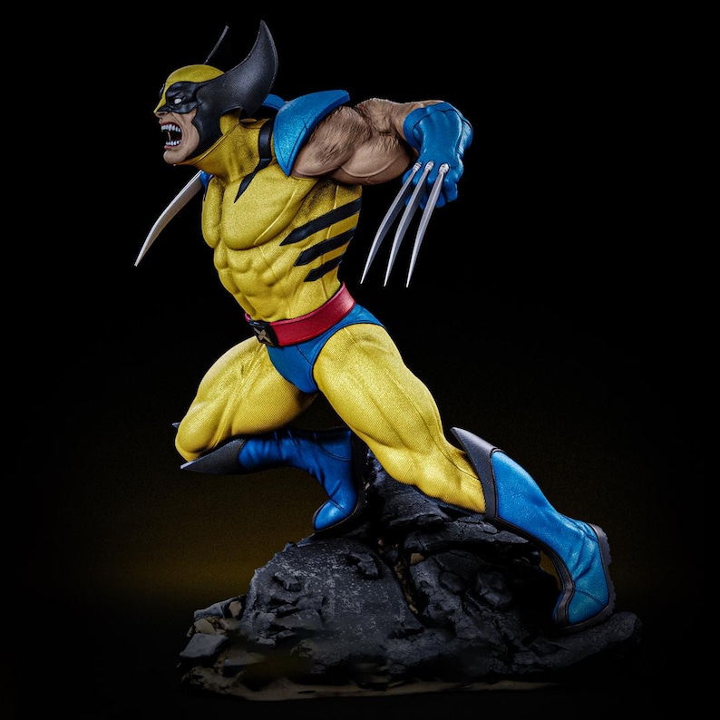 May include: A dynamic figurine of Wolverine in a running pose, showcasing his iconic yellow and black costume with blue accents. The figure features detailed musculature, claws extended, and a fierce expression. It is mounted on a textured, dark gray base.