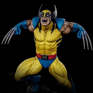 May include: A detailed figurine of Wolverine in a dynamic pose, featuring his iconic yellow and blue costume. The figure has a fierce expression, claws extended, and a red belt with a silver buckle. The background is black.
