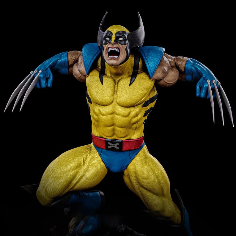 May include: A detailed figurine of Wolverine in a dynamic pose, featuring his iconic yellow and blue costume. The figure has a fierce expression, claws extended, and a red belt with a silver buckle. The background is black.
