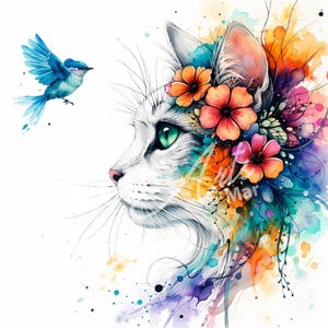 May include: Watercolor illustration of a white cat with green eyes and a floral crown, facing left. A blue bird flies towards the cat. The artwork features vibrant splashes of orange, pink, and blue watercolor paint.