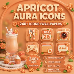 May include: A digital graphic set titled APRICOT AURA ICONS featuring 240+ icons and wallpapers. The image displays orange-toned 3D icons including a calendar, camera, game controller, and folder, alongside a glass of drink and small pastries.