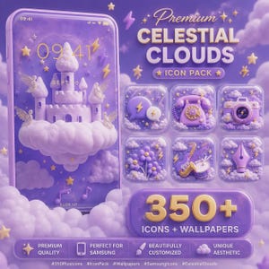 May include: A digital icon pack and wallpaper set titled Premium Celestial Clouds featuring a purple color palette. The display shows a smartphone with a castle on a cloud wallpaper and various app icons including a phone, camera, and musical instruments.