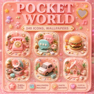 Könnte beinhalten: Eine digitale Grafik mit dem Titel POCKET WORLD, die 240 Icons und Hintergrundbilder enthält. Das Design umfasst sechs abgerundete Quadrate mit 3D-Miniaturszenen: ein rosa Telefon, Sprechblasen, einen Hamburger, einen Plattenspieler, ein Auto und ein Haus.
