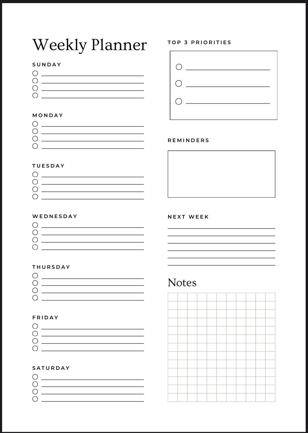 Minimal Weekly Planner Printable | Undated Weekly To-do List | Top 3 ...