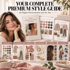 Könnte beinhalten: Ein 24-seitiger Premium-Stilratgeber mit Abschnitten zu Farbpaletten, Capsule Wardrobes, Make-up, Schmuck, Haarstyling und persönlichem Stil. Der Ratgeber enthält den Text Your Complete Premium Style Guide und Your Personal Style Journey.