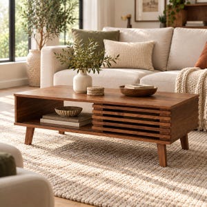 May include: A rectangular wooden coffee table with a warm brown finish, featuring four tapered legs, an open storage shelf, and a sliding slatted panel door. The table surface holds a white ceramic vase with greenery, stacked coasters, and a wooden bowl.