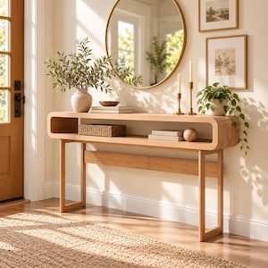 May include: A light wood console table with a rounded rectangular frame and an open shelf. The table features a smooth finish and four vertical legs. It is styled with a ceramic vase, a woven basket, stacked books, candles, and a potted plant.