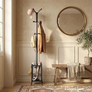 Freestanding Coat Rack with Umbrella Holder, 12 Hook Metal Coat Tree Stand, Entryway Hat & Jacket Hanger, Black
