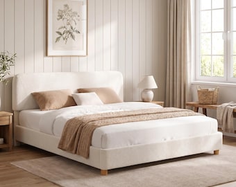 Queen Cloud Bed Frame in Cream Boucle Upholstered Platform Bed with Adjustable Headboard Rounded Corner & Wood Legs Modern Bedroom Furniture