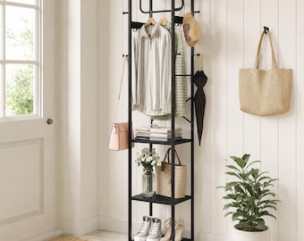 Freestanding Coat Rack with Storage Shelves, Industrial Entryway Hall Tree, Metal Clothes Organizer with Hooks, Shoe Rack for Bedroom & Home