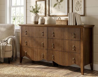 Fluted 6 Drawer Dresser in Dark Walnut, Wide Wooden Chest for Bedroom Storage, Vintage Farmhouse Style Console Cabinet for Living Room