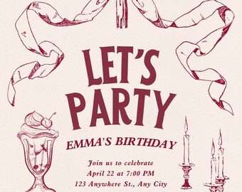 Editable Red Birthday Invitation | Canva Template | Vertical Invite | Digital Download