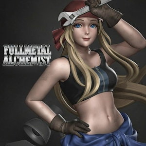 以下が含まれることがあります： アニメ「鋼の錬金術師」の女性の3Dレンダリングフィギュア。黒のクロップトップ、オリーブグリーンのパンツ、青いサッシュを着用。金髪、青い目、赤いバンダナ。レンチを持ち、茶色の手袋を着用しています。