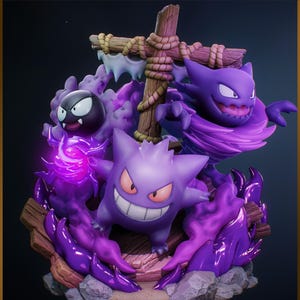 Puede incluir: Figura detallada con tres personajes de dibujos animados morados y negros con expresiones amenazantes. Los personajes están rodeados de energía púrpura arremolinada y se paran frente a una cruz de madera. La figura está sobre un fondo oscuro.