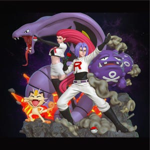 Puede incluir: Una figura detallada con personajes del grupo Team Rocket, incluyendo a Jessie y James, con un Arbok morado, Meowth y otros Pokémon. Los personajes están en poses dinámicas, con colores vibrantes y una base detallada.