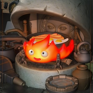 May include: A whimsical illustration features a cartoon fire spirit with a smiling face, set in a kitchen scene. A pan of cooked bacon and eggs sits above the spirit. The scene includes a stone oven, small statues, and various kitchenware.