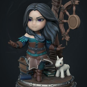 Könnte beinhalten: Detaillierte Figur einer Figur aus der Serie "The Witcher". Die Figur hat dunkles Haar, lila Augen und trägt ein teal-farbenes und braunes Outfit. Ein weißes Einhorn und ein Holzrad sind ebenfalls vorhanden. Die Basis trägt den Text "THE WITCHER".