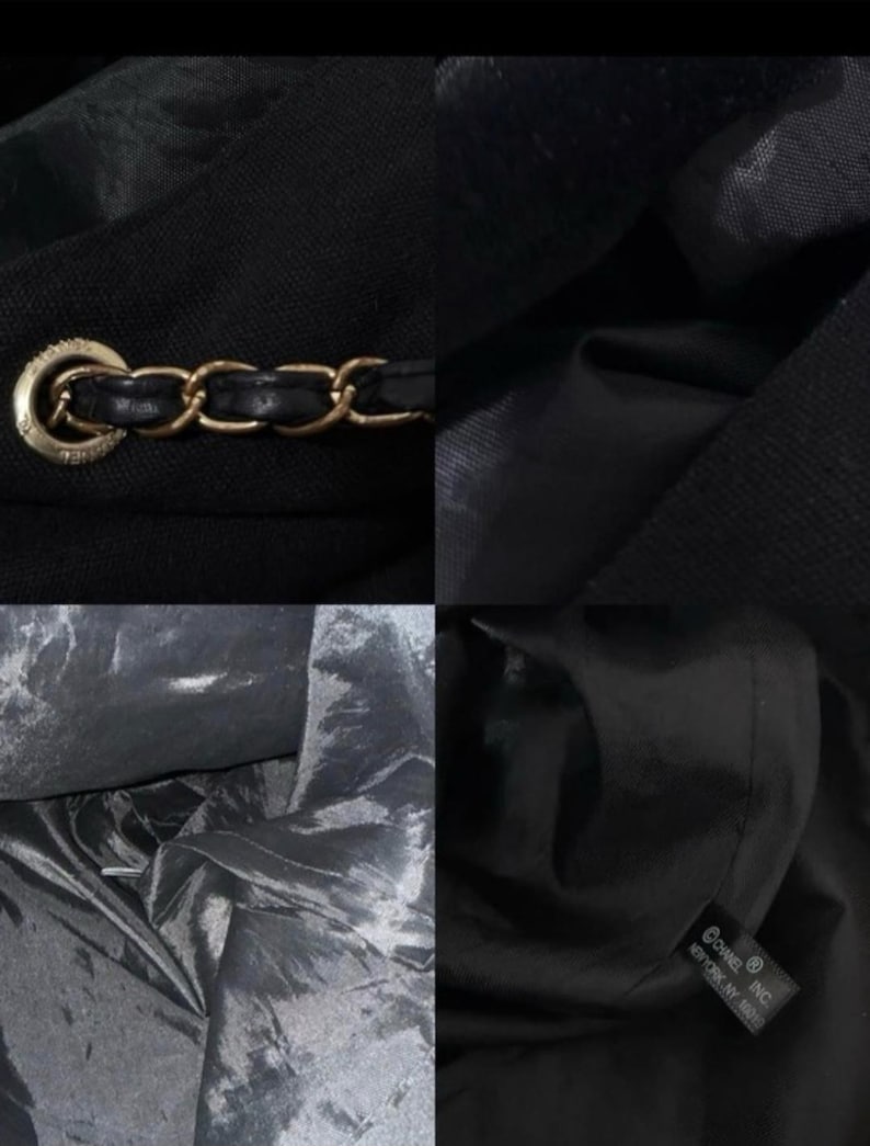 Puede incluir: Un bolso negro con una cadena de metal dorado entrelazada con cuero negro. El interior est&aacute; forrado con tela negra e incluye una etiqueta rectangular negra con el texto blanco CHANEL INC. NEW YORK, NY 56010 impreso en la superficie.
