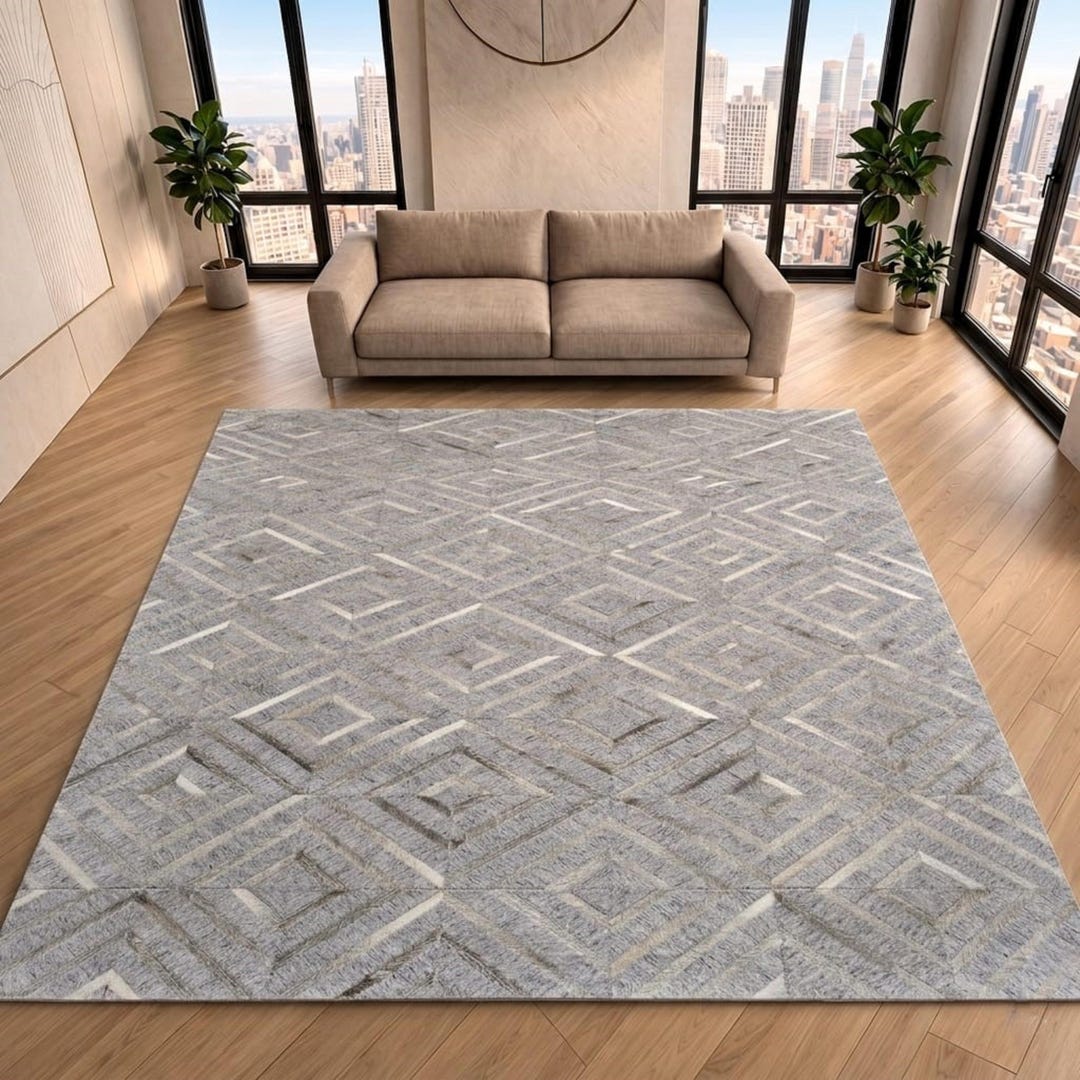 Buy Grey Geometric Leather Rug, Handmade Hair on Hide Patchwork Carpet ...
