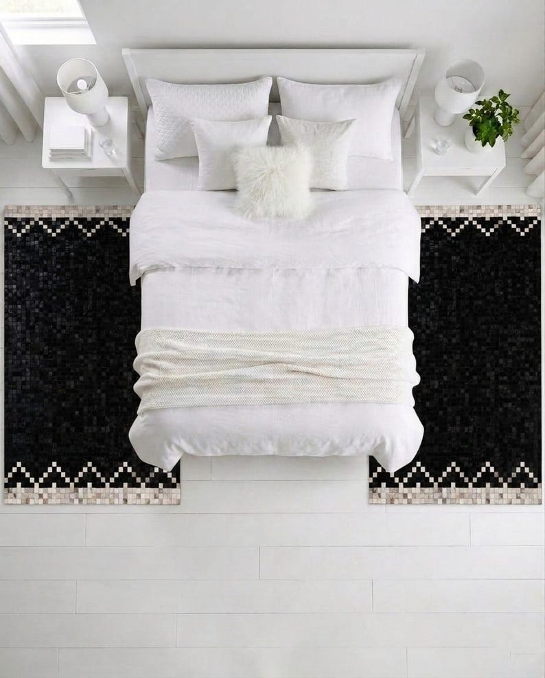 Handmade Black Cowhide Patchwork Rug, Geometric Border, Luxury Leather ...