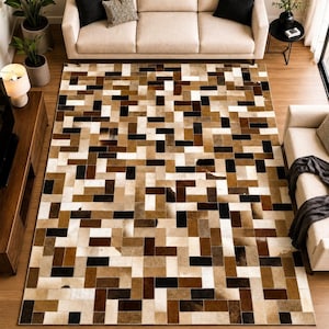 Cowhide Rug, Brown Leather Area Rug, Handmade Patchwork Rug, Hair on Hide Carpet, Modern Living Room Rug, Custom Size Rug farmhouse rug