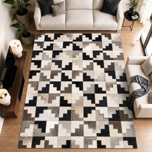 Handgefertigt Geometrische Rindsleder Teppich Patchwork Teppich | Schwarz Weiß Grauer Moderner Teppich für Wohnzimmer