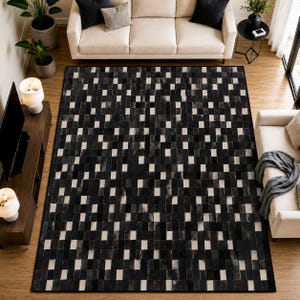 Buy Handcrafted Black Cowhide Patchwork Rug, Geometric Brick Pattern ...