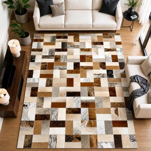 Neutral Patchwork Leather Rug, Handmade Cowhide Area Rug, Hair On Hide Carpet, Modern Rectangle Leather Rug, Luxury Living Room Rug, Custom