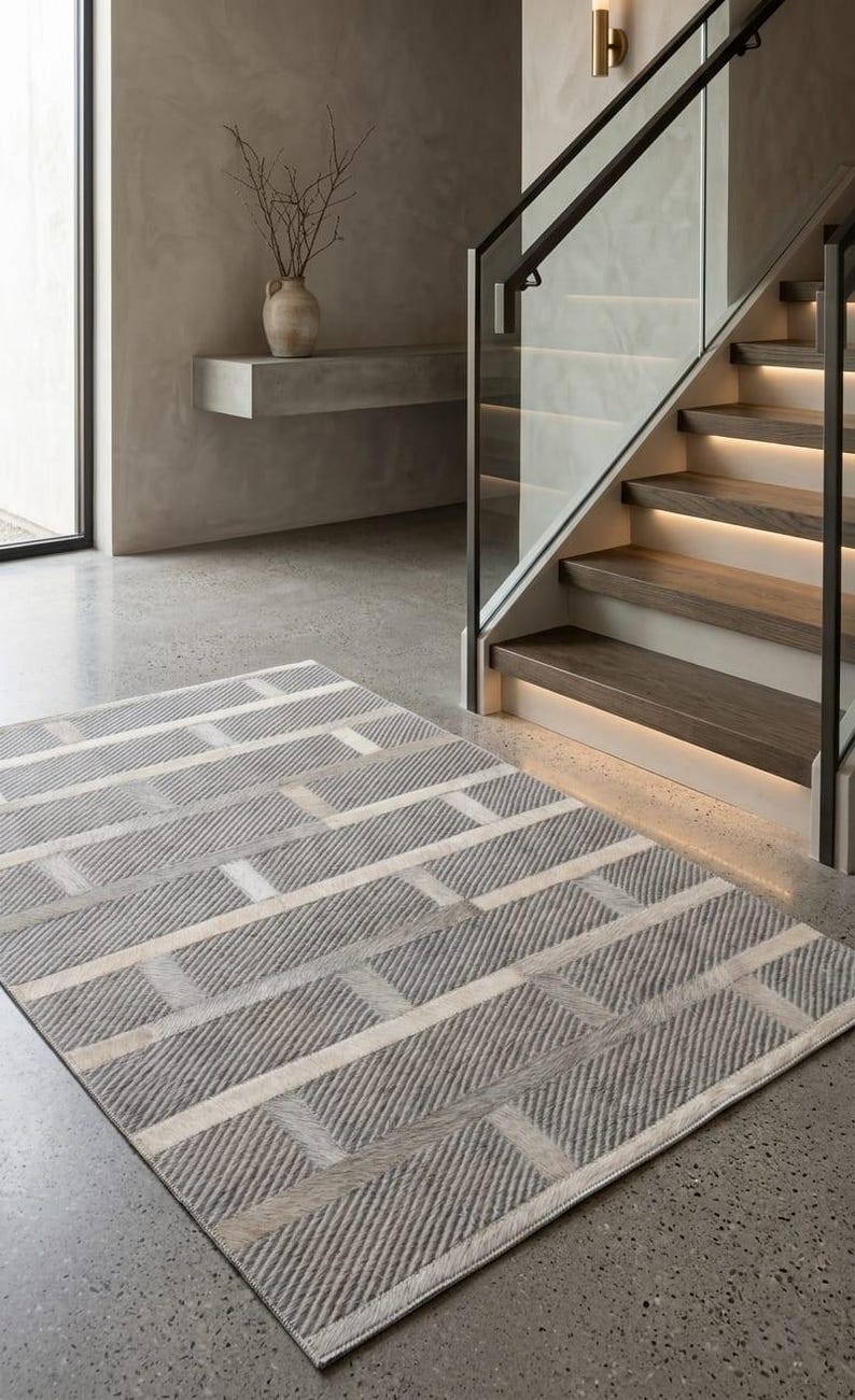 Modern Gray Geometric Cowhide Rug, Handmade Hair-on Hide Patchwork ...